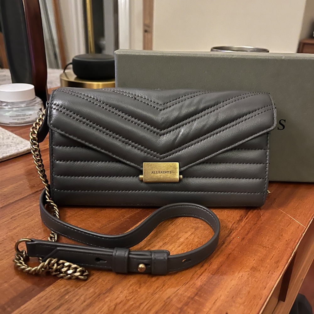 Allsaints Grey Leather Quilted Crossbody Purse w/ Box & Dust Bag